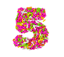 siffra 5 gjord av färgglada strössel numeriska fem nummer regnbågsströssel 3d-illustration png