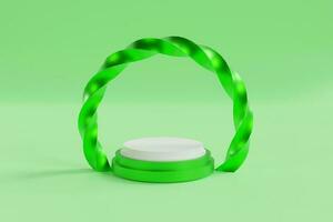 3d render of green round podium with ribbon on green background. photo