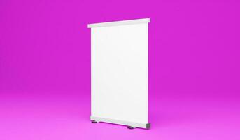 Blank roll up banner stand isolated on purple background. 3d rendering photo