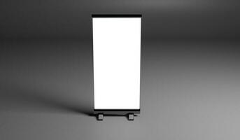 Blank white stand display isolated on gray background. 3d rendering photo