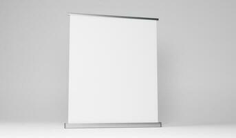 Blank roll up banner stand mockup isolated on white background, 3D rendering photo