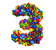 Ziffer 3 mehrfarbig Regenbogen Süßigkeiten festlich isoliert 3d Illustration png