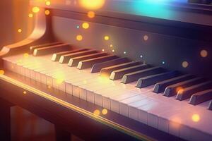 Piano keyboard closeup on stage, colorful background. Generative AI photo