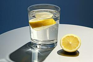 A glass of water with a twist of lemon photo