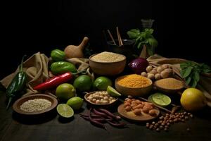 Assorted Foods and Spices arranged on a table photo