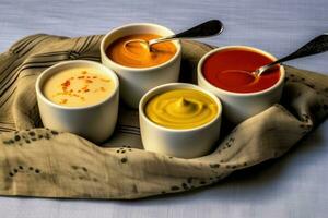 Various dipping sauces served in individual cups photo