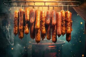 Grilled Bratwurst Sizzling on an Outdoor Grill photo