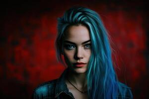 Portrait of a person with red background. Fictional person created with photo