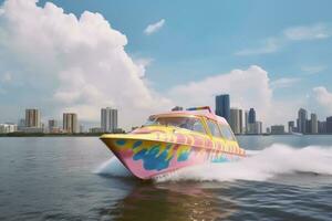 brightly colored boat speeding across a body of water. As the boat gains speed, it creates a wave in the water, demonstrating its power and energy. The boat's vibrant colors photo