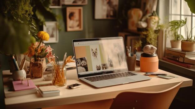el ordenador portátil pantalla muestra un imagen de gatitos, agregando un toque de calor y encanto a el espacio de trabajo rodeando el computadora portátil, allí son varios artículos tal como un ratón foto