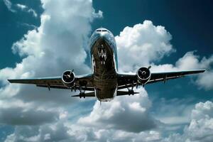 a large passenger jet airplane as it flies through a cloudy, blue-gray sky. The airplane appears to be in the cruise phase of its flight, with its wings spread wide photo