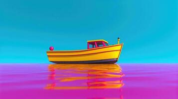 a small, colorful boat floating on a large body of water, with an expansive view in the background. photo