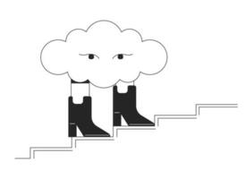 Surreal cloud walking in boots bw concept vector spot illustration. Cumulus 2D cartoon flat line monochromatic character for web UI design. Dream hallucination editable isolated outline hero image