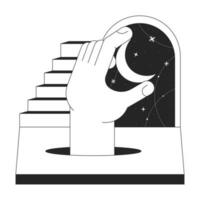 Fantasy surreal night bw concept vector spot illustration. Staircase crescent 2D cartoon flat line monochromatic scene for web UI design. Holding moon esoteric editable isolated outline hero image