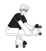 Guy doing tricks on roller skate monochromatic flat vector character. Editable thin line full body man in helmet squat down roller skating on white. Simple bw cartoon spot image for web graphic design