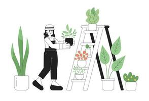 Blonde woman takes care of plants 2D vector monochrome isolated spot illustration. Hobby flat hand drawn girl put flower pot on ladder on white background. Editable outline cartoon scene