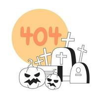 Tombstones pumpkins with moon black white error 404 flash message. Graveyard spooky. Monochrome empty state ui design. Page not found popup cartoon image. Vector flat outline illustration concept