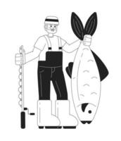 Old fisherman holding fishing rod monochrome concept vector spot illustration. Senior man hobby 2D flat bw cartoon character on white for web UI design. Isolated editable hand drawn hero image