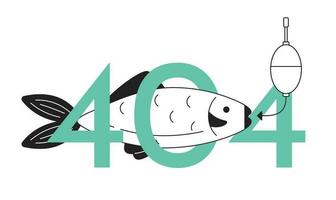 Fish on bait black white error 404 flash message. Fishing hobby. Activity. Monochrome empty state ui design. Page not found popup cartoon image. Vector flat outline illustration concept