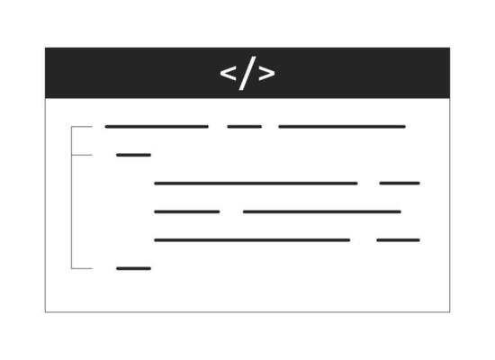 Source code flat monochrome isolated vector object. Web development coding page. Editable black and white line art drawing. Simple outline spot illustration for web graphic design