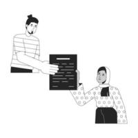 Man gives document to woman in hijab bw concept vector spot illustration. Exchange information 2D cartoon flat line monochromatic character for web UI design. Editable isolated outline hero image