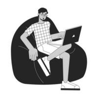 Relaxed man sitting on beanbag bw concept vector spot illustration. Freelancer with laptop 2D cartoon flat line monochromatic character for web UI design. Editable isolated outline hero image