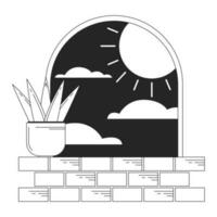 Surreal arch with plant on windowsill bw concept vector spot illustration. Sun nighttime 2D cartoon flat line monochromatic scene for web UI design. Surrealismus editable isolated outline hero image