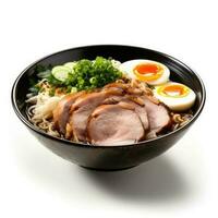 Pork Ramen in black bowl side view isolated on white background photo