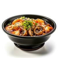 Kimchi Ramen in black bowl side view isolated on white background photo