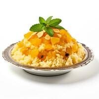Moroccan couscous served in the form of a desert oasis isolated on white background photo