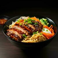 Teriyaki Ramen in black bowl side view isolated on white background photo