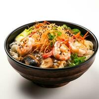 Tempura Ramen in black bowl side view isolated on white background photo