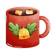 a red mug with a christmas bell and a green holly leaf png