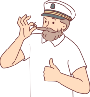 Man cruise ship captain fixes mustache and gives thumbs up suggestion to go on joint trip png