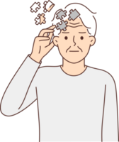 Elderly man with puzzles near head, symbolizing dementia, suffers from memory problems or alzheimer png