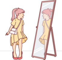 Little girl in mom clothes looks in mirror trying on shoes with heel and trying to seem like adult png