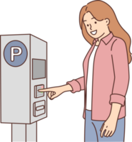 Woman pays for parking for car using street machine to issue ticket or check to avoid getting fine png