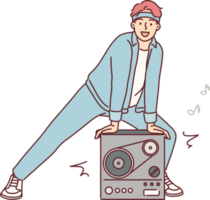 Man stands near retro tape recorder for playing music from tape and invites to party in style 90s png