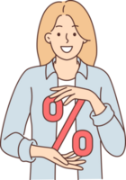 Woman with percent sign symbolizing discounts for shopping or big cashback after purchase png