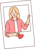 Portrait girl peeking out of photo frame and holding heart in hand symbolizing love for boyfriend png