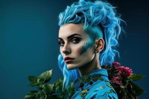 Portrait of a person with blue background. Fictional person created with photo