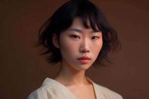 Portrait person with beige background. Fictional person created with photo