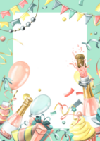 verticale compleanno carta con rosa Champagne, palloncini, i regali, coriandoli, bandiere, torta. acquerello illustrazione, mano disegnato. telaio modello per testo png