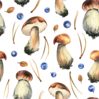 Woud eetbaar champignons met bruin petten boleet, bladeren, bosbessen en pijnboom naalden. waterverf illustratie, hand- getrokken. naadloos patroon voor verpakking, textiel, behang png