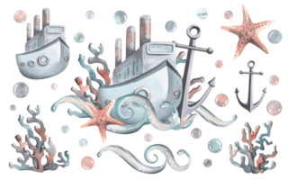 A boat, a steamer with waves, an anchor, corals and a starfish. Watercolor illustration hand drawn. Set isolated composition with elements png