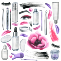 Set of professional cosmetics and tools for makers of lamination, painting eyelashes and eyebrows. Watercolor illustration, hand drawn. Isolated objects png