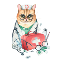 Cat doctor in a dressing gown, glasses, with a stethoscope, a suitcase and medical instruments, pills, injections. Watercolor illustration, hand drawn. Isolated composition png