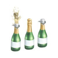 Green glass bottles with champagne, with a blank white label, open, closed and with a flying cork and splashes. Watercolor illustration, hand drawn. set of isolated objects png