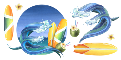 Sea wave, surfboards and a cocktail in a coconut against the background of the sea and sky. Watercolor illustration, hand drawn. Isolated elements png