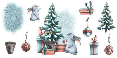 Christmas tree in a flowerpot with gift boxes, a rabbit hanging toys balls. Watercolor illustration, hand drawn. Set of isolated compositions and elements png